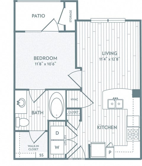 Floor plan for 1 bed, 1 bath, 557 sqft